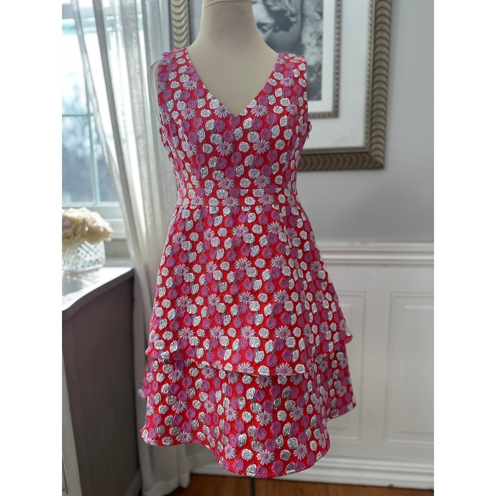 Flora Bea NYC Tiered Spring Wedding Guest Floral‎ Dress Red Metallic Mini S